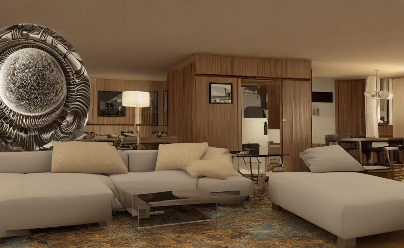 Prompt: a mandelbulb floating in the middle of a 1 9 7 0 s living room, 8 k render.