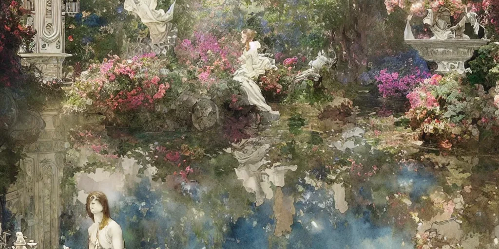 Prompt: a beautifull intricate watercolor painting of a statues garden, reflexions, verry high details, colorfull, by william turner art, by greg rutkowski, by alphonse mucha, by james jean, by rossdraws, by frank franzzeta, by sakimichan, trending on artstation, very very detailed, masterpiece,