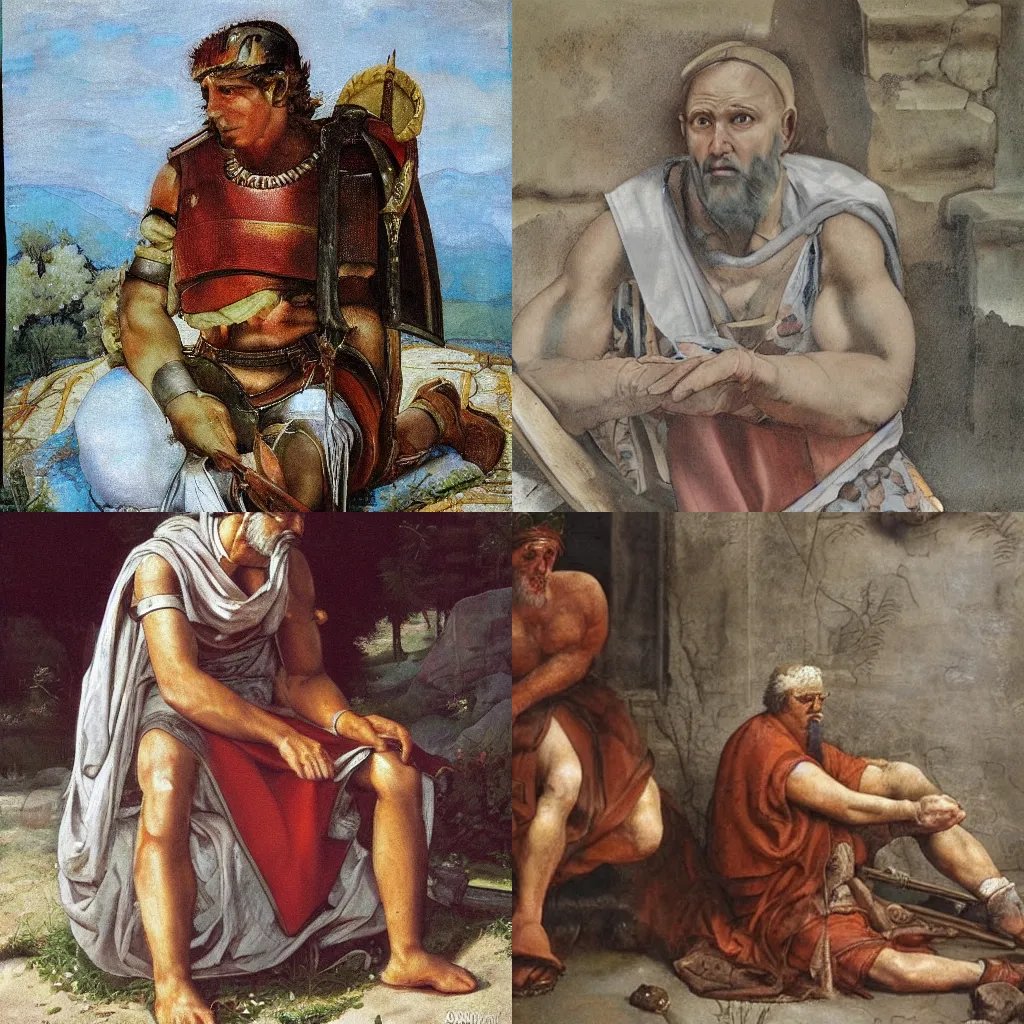 Prompt: very tired Roman legionary sitting on a side of a road, photorealistic painting by Michelangelo, highly detailed,-H 512