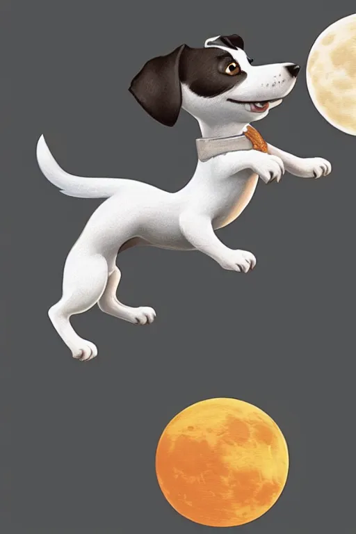 Image similar to cute jack black and white russel terrier jumping over a smiling moon, large round eyes, concept art, game art, character sheet, character design, by cory loftis and bill schwab