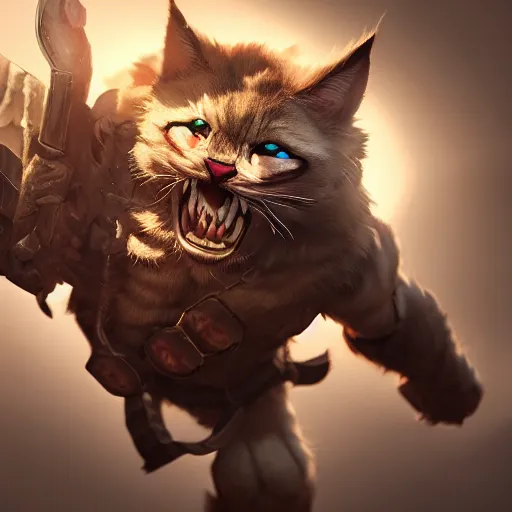 Prompt: rengar from league of legends, cinematic, 4 k, very detailed, beautiful rendering, realistic fur, cgtrader, artstation, global illumination, volumetric lighting, dramatic