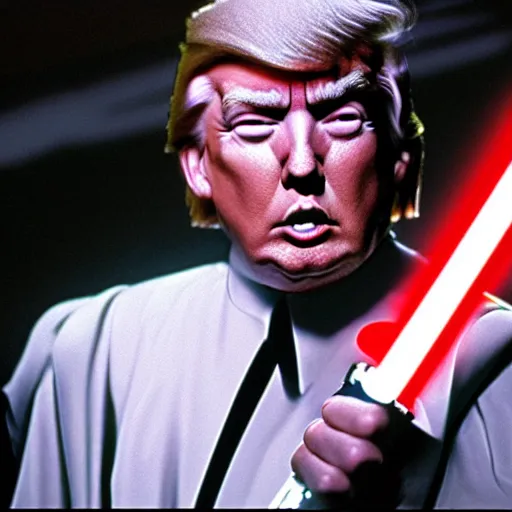 Prompt: donald trump as a starwars character!, holding a lightsaber, film still, ifx,