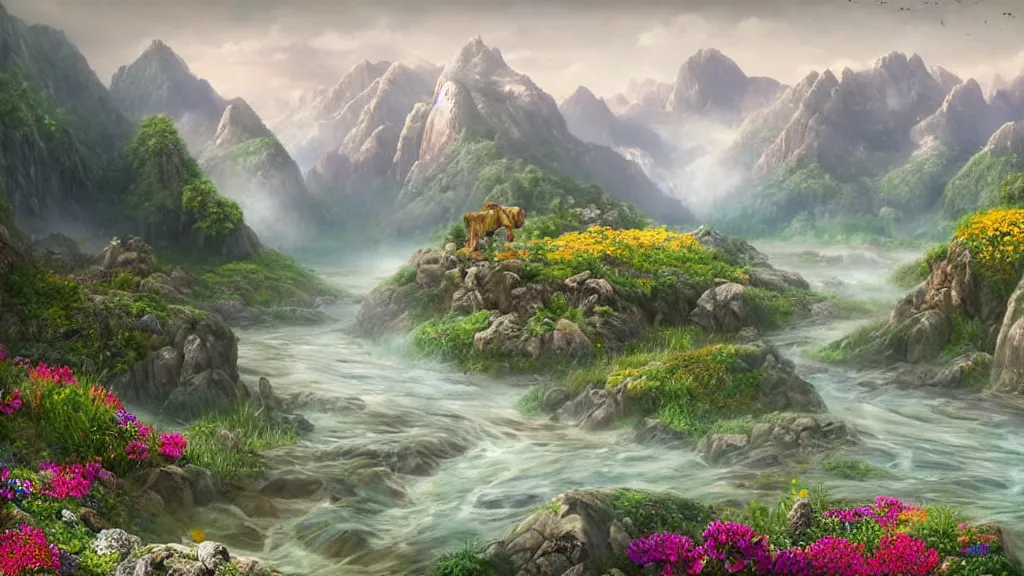 Prompt: Beautiful hyperrealistic detailed matte painting of a Landscape with a wide river in the middle of a meadow full of colorful flowers on the lost Vibes and mountains in the background, at the center there's a giant medieval fantasy portal gate with a rusty gold carved lion face at the center of it that takes you to another world, spring, delicate fog, sea breeze rises in the air, by andreas rocha and john howe, and Martin Johnson Heade, featured on artstation, featured on behance, golden ratio, ultrawide angle, f32, well composed