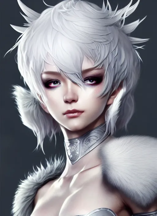 Image similar to fur - lined armor!!! beautiful and elegant white haired female!! gorgeous ayes!! character concept art, sharp focus, octane render! unreal engine 5! highly rendered!! trending on artstation!! detailed linework!! illustration by artgerm, wlop, and chie yoshii