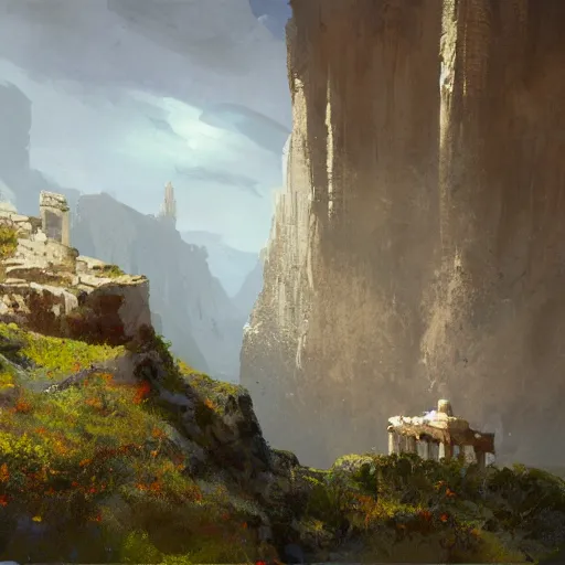 Prompt: concept art by craig mullins : an italian landscape, in the distance a small cliff of white marble can be seen. a stone henge is standig atop of the cliff