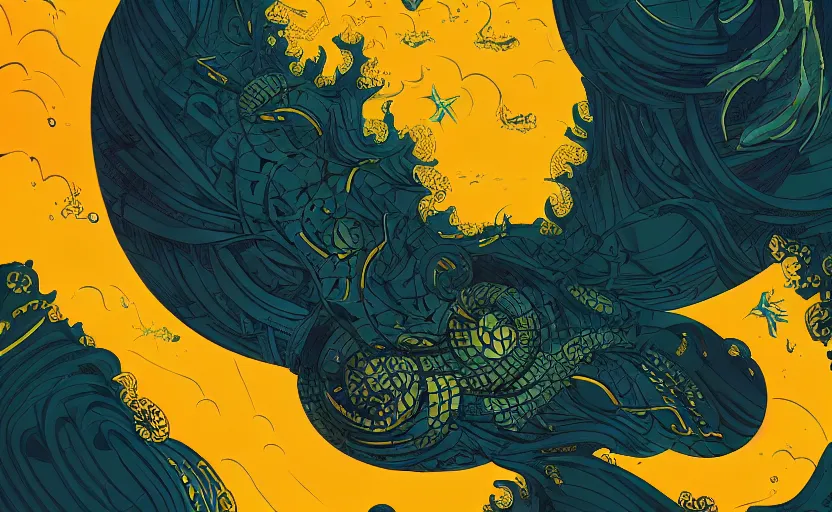 Image similar to dark ocean, complex patterns, yellow, artstation, intricate, realistic, highly detailed, digital painting, concept art, sharp focus, illustration by tom whalen and charles williams and kilian eng and james jean