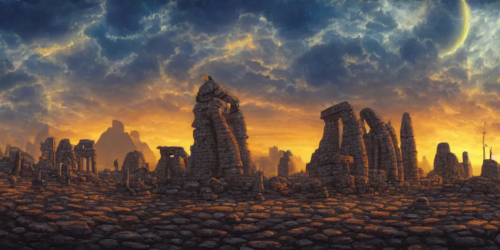 Image similar to fantasy oil painting, megalithic city of vijayanagara, fantasy, colossal, gate, looming, small buildings, warm lighting, street view, silhouetted figure standing overlooking, space port city, epic, distant mountains, bright clouds, luminous sky, cinematic lighting, michael cheval, michael whelan, artstation, oil painting, vray, 8 k hd