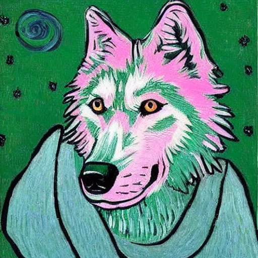 Image similar to retarded wolf portrait, van gogh style, pink, green