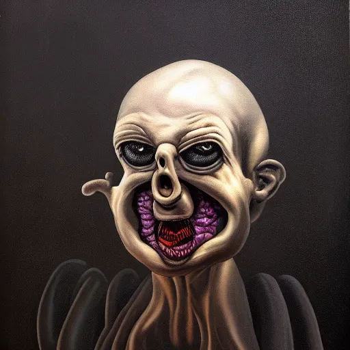 Prompt: oil painting black background extreme chiaroscuro by christian rex van minnen of a portrait of an extremely bizarre disturbing mutated man with proteus syndrome shiny bulbous tumor intense chiaroscuro lighting perfect composition