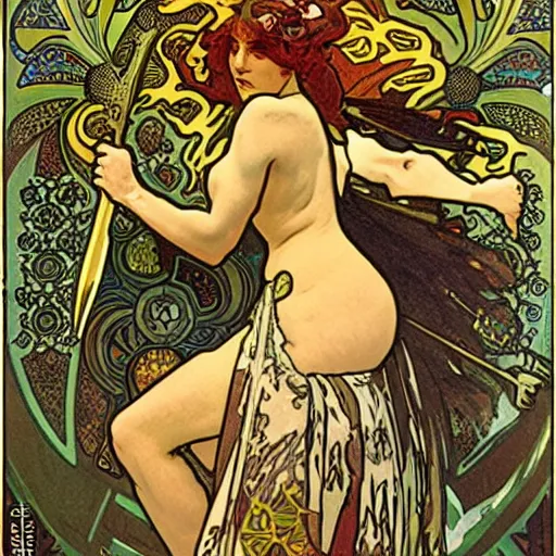 Image similar to barbarian by alphonse mucha