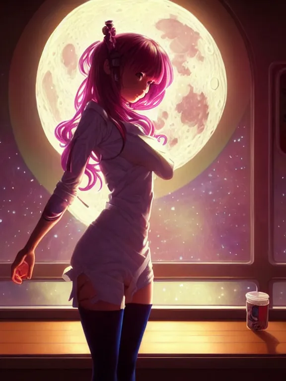 Lexica - Full moon, pink moon, anime, anime girl, long hair, view in  camera, no floor