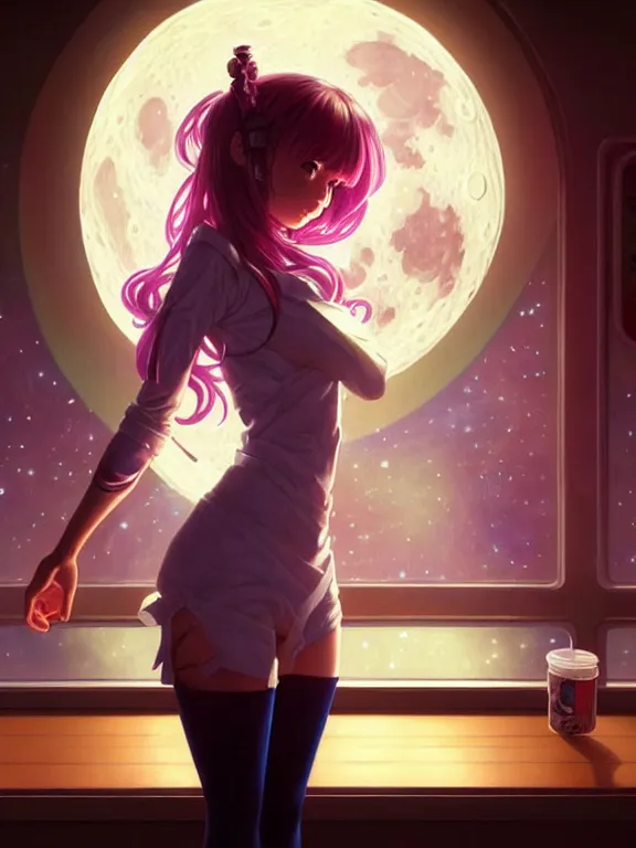 Image similar to full body picture of a space girl in the moon cafe, bored, coveted, beautiful and aesthetic, intricate, unreal engine, messy hair, highly detailed, detailed face, smooth, sharp focus, chiaroscuro, manga illustration, artgerm, greg rutkowski, ilya kuvshinov, rossdraws, alphonse mucha, young adult light novel cover art