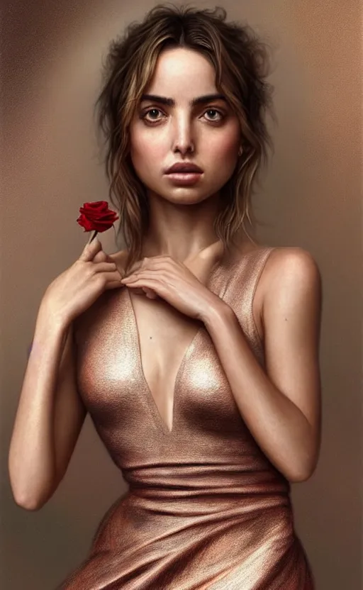 Prompt: Ana de Armas with a rose gold dress, with no derpy face, hyper realistic portrait, intricate, elegant, highly detailed, digital painting, artstation, concept art, rough, sharp focus, illustration, art by artgerm and greg rutkowski and alphonse mucha