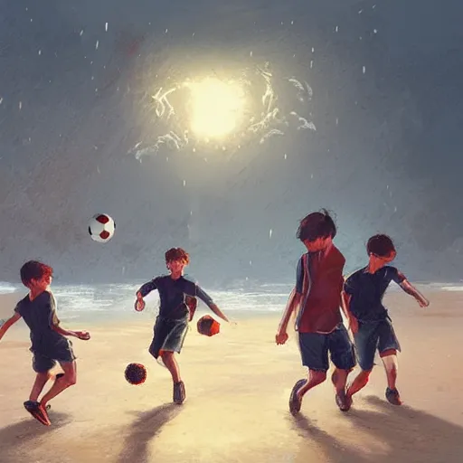 Prompt: four boys playing soccer at a beach, raining, hyper detailed, digital art, trending in artstation, cinematic lighting, studio quality, smooth render, octane rendered, concept art, sharp focus, illustration, art by artgerm and greg rutkowski and wlop