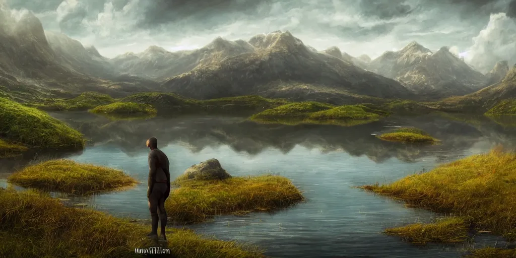 Prompt: beautiful landscape of small lake at midday with distant mountains and close - up of a symmetric detailed man in realistic detailed medieval armor, ultra realistic, highly detailed, hd, sharp focus, cinematic lighting, realistic, vivid colors, gritty, matt painting, digital art, non blurry, sharp, artstation, concept art, smooth, illustration