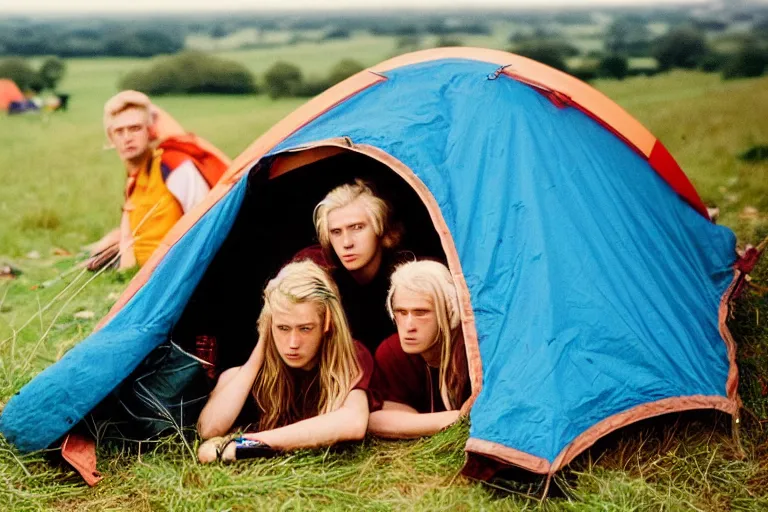 Image similar to candid photo of 3 teenagers camping at Glastonbury, UK, Kodak Portra 200,8K,highly detailed: beautiful perspective closeup environmental portrait photo in style of 2000s retrofuturism, cinema lighting , by beksinski, photography fashion edition, tilt shift, highly detailed, focus on man ;blonde hair;blue eyes, clear eyes, soft lighting