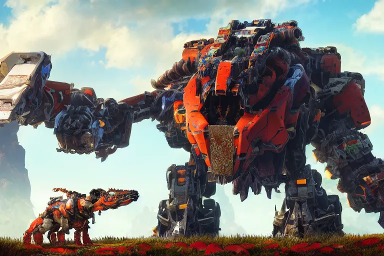 Image similar to behemoth machine mecha animal beast robot made of mango, strawberry, kiwi fruits of horizon forbidden west horizon zero dawn bioluminiscence global illumination ray tracing hdr fanart arstation by sung choi and eric pfeiffer and gabriel garza and casper konefal