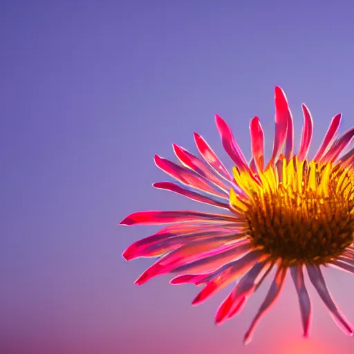 Prompt: closeup photo of a flower at sunset, backlighted, professional photo, nikon d 7 2 0 0, f / 1. 8