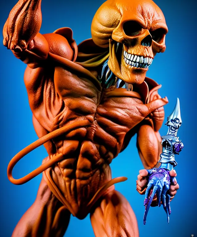 Image similar to hyperrealistic rendering, skeletor, by art of skinner and richard corben and jeff easley, product photography, action figure, sofubi, studio lighting, colored gels