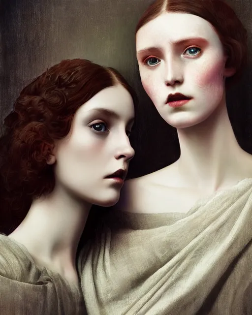 Image similar to stunning close up editorial portrait of a woman, symmetrical face, sci-fi skin, official prada editorial, beautiful pre-raphaelite portrait by charlie bowater, by Hendrik Kerstens, by Zhang Jingna, by norman rockwell, highly detailed