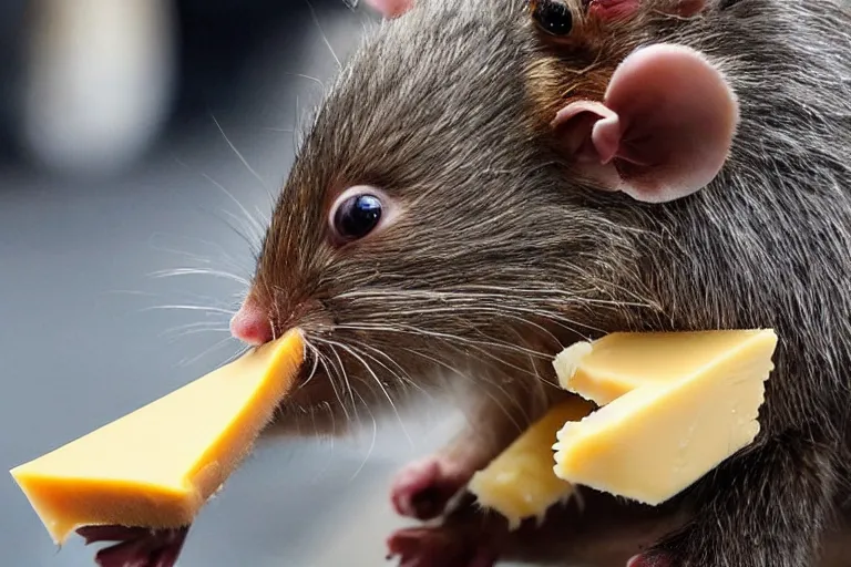 Image similar to photo, emma watson as furry antropomorphic rat, eats cheese, highly detailed, intricate details