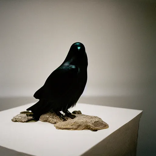 Image similar to a very cool translucent crow made by stones exhibited in a room covered by white silk, mamiya, kodak portra, film grain, professional photoshoot