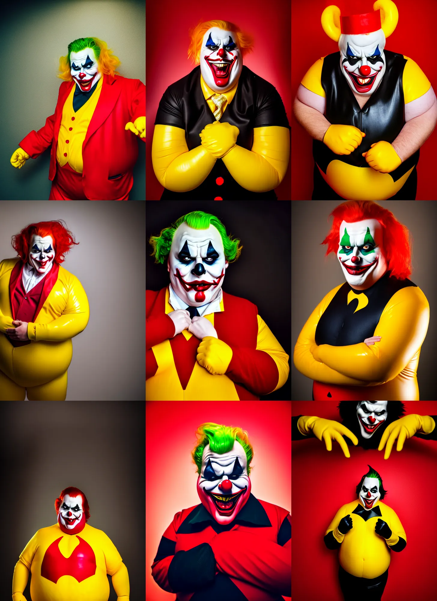 Prompt: Portrait of very fat sinister looking joker dressed in yellow and red rubber latex Ronald Macdonalds costume, red hair, a red M on the chest, atmospheric lighting, mist, 4k