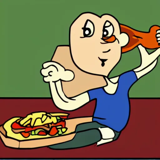 Image similar to a cartoon of a very skinny man feasting on chicken drumsticks