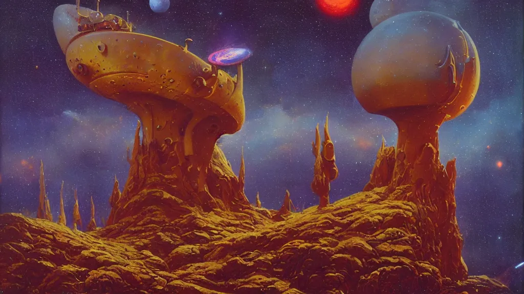 Image similar to mysterious whimsical sculpture of an alien cosmos by paul lehr and john schoenherr, cinematic matte painting