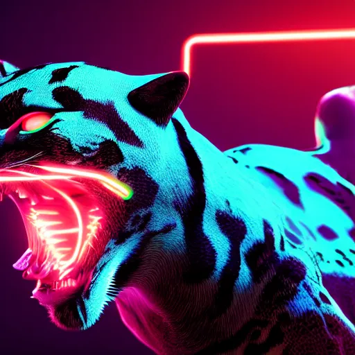 Image similar to portrait of a neon cyberpunk jaguar animal snarling, octane render