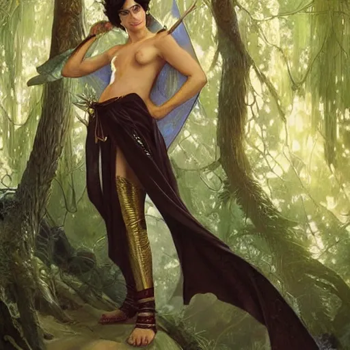 Image similar to portrait of statuesque elf resting on a tree, short black hair, gold robes, expressive face, sharp focus, intricate, smooth, ultra realistic digital art, d & d, high fantasy, pointed ears, elegant, by artgerm, greg rutkowski, alphonse mucha