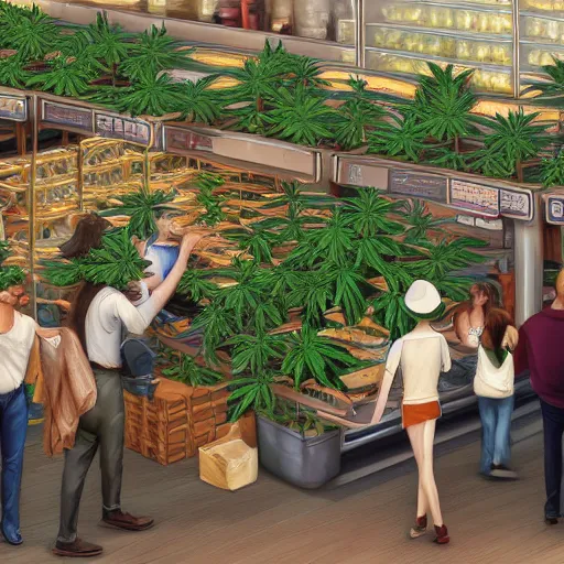 Image similar to bustling economy organised retail cannabis leaf in a pot industry, aussie, fun concept digital art, environment portrait by steve hanks, australia rendered in pixar