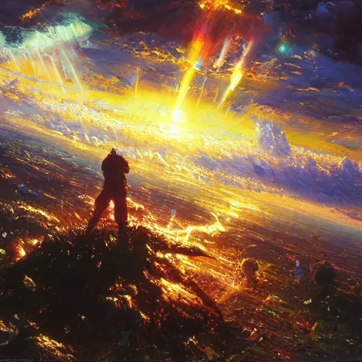 Image similar to God Saint-Light Paradise, hyperrealism, no blur, 4k resolution, ultra detailed, style of John Berkey, Hans Thoma, Anato Finnstark