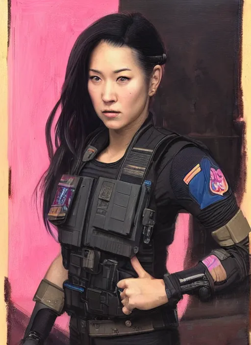 Image similar to Nikki tanaka. beautiful cyberpunk female USN marine wearing a military vest and a black and pink tactical jumpsuit (cyberpunk 2077, bladerunner 2049). gorgeous face. Iranian orientalist portrait by john william waterhouse and Edwin Longsden Long and Theodore Ralli and Nasreddine Dinet, oil on canvas. Cinematic, hyper realism, realistic proportions, dramatic lighting, high detail 4k