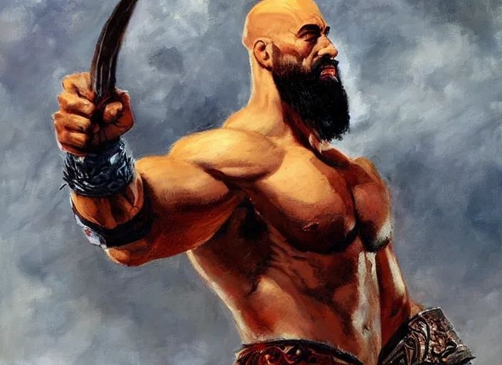 Image similar to a highly detailed beautiful portrait of the rock as kratos, by gregory manchess, james gurney, james jean