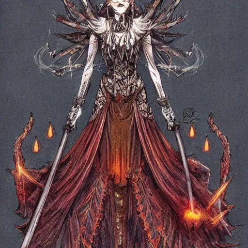 Image similar to Detailed Beautiful and symmetrical witch of fire wearing victorian dress and rusty crown, dark souls, concept art