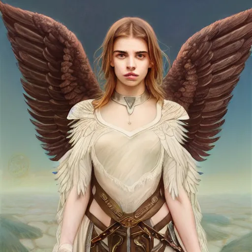 Prompt: portrait of young aasimar angel girl maiden wearing comfy leather armor with beautiful feathered angel wings, cute face, brown eyes, Alison Williams, Emma Roberts, by artgerm and greg rutkowski and alphonse mucha and andrei riabovitchev and Rossdraws and Bluesssatan and Mandy Jurgens and Stjepan Sejic, 4k oil on linen, vivid colors, colorful, photorealistic, high dynamic range, HDR, intricate, elegant, highly detailed, digital painting, artstation, concept art, smooth, sharp focus, illustration, mid-shot, medium shot, hyperdetailed