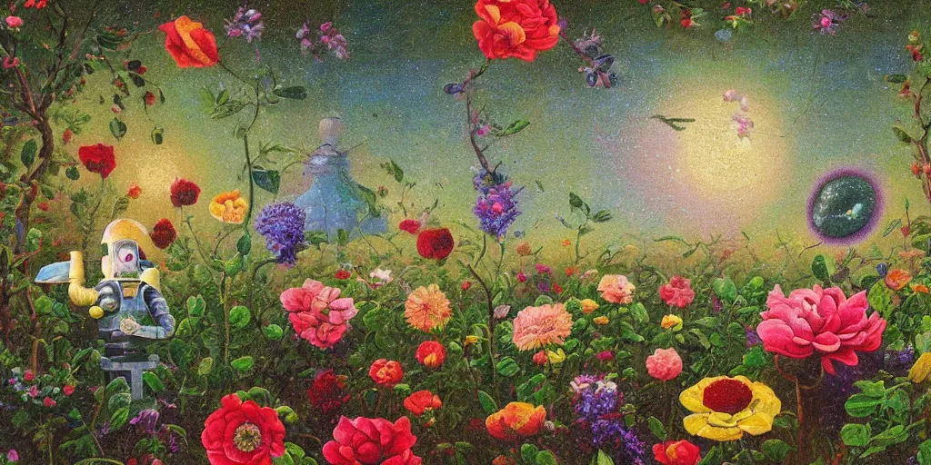 Prompt: a flowering garden on the moon, 👽🤖, impasto paint in the style of martin johnson heade and mark ryden,