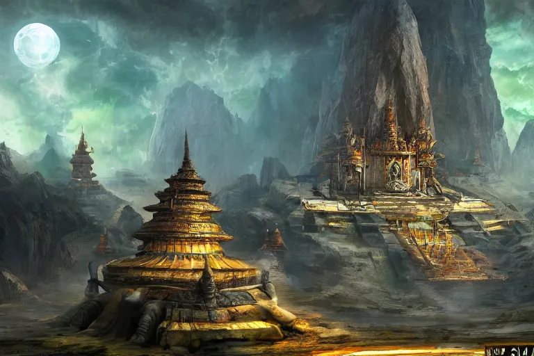 Image similar to spacecraft landing in mythical buddhist kingdom of shambhala, in the style of frank frazetta, ultra realistic, atmosphere glow, detailed intricate, colorful, cinematic lighting, unreal engine, god lighting