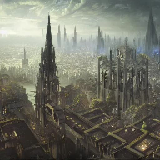 Image similar to an ultra detailed matte painting of a lonely and impossibly elevated temple district of the damned god, with a lone tall ominous gothic dark tower elevated high above the city, in a river elevated high above the city, fantasy capital city, ultrawide lense, aerial photography, volumetric lighting, exquisite detail, 8 k, art by greg rutkowski and alphonse mucha