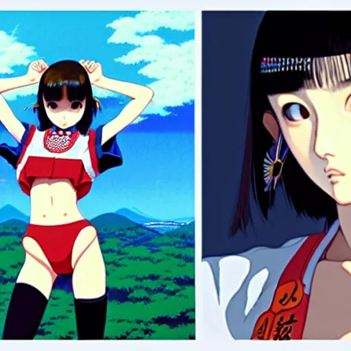 Image similar to a beautiful japanese natalie portman gravure model, wearing oversized native designer bomber jacket and leotard with overalls, bulky poofy bomber jacket with mesoamerican patterns, mesoamerican native street fashion, gapmoe yandere grimdark, trending on pixiv fanbox, painted by greg rutkowski makoto shinkai takashi takeuchi studio ghibli, akihiko yoshida