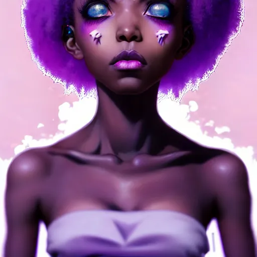 Image similar to portrait of a black anime manga girl, french bob hair, white hair, purple eyes, by artgerm, james jean, tom bagshaw, gerald brom, vaporwave colors, lofi colors, vaporwave, lofi, goth vibe, 4 k, smooth, hd, substance designer render, full body character concept art, symmetrical, 2 point lighting,