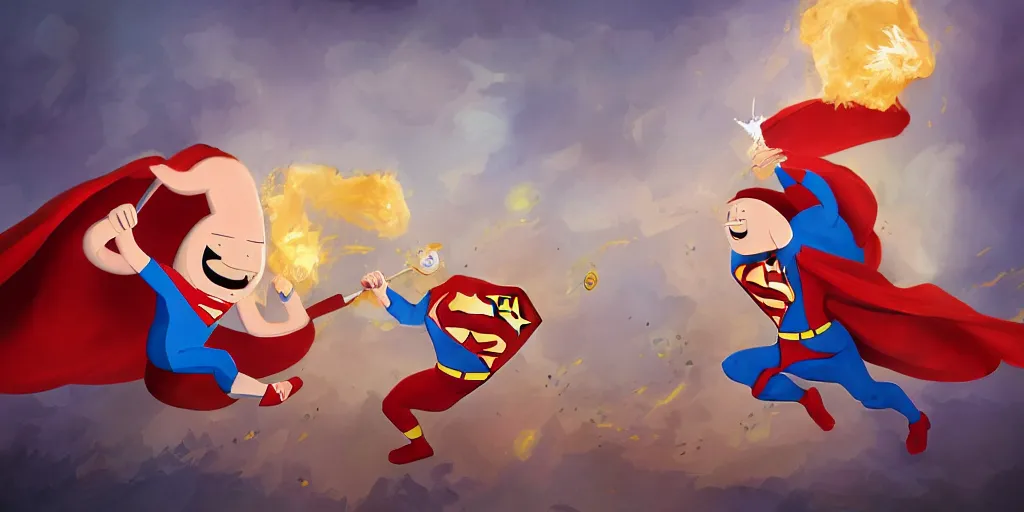 Prompt: Epic painting of Jake from adventure time fighting superman while eating bacon pancakes, by senior character artist, volumetric lighting, concept art, digital painting 8k