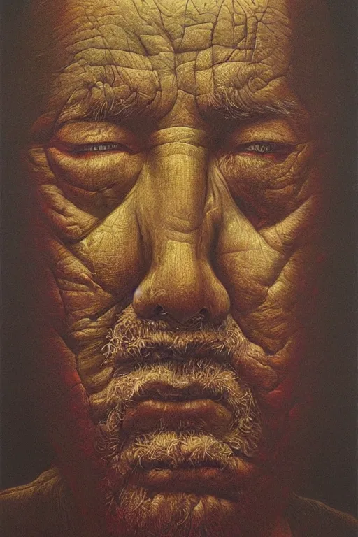 Image similar to ascii art, hyperrealism oil painting, portrait scary ai weiwei style zdzislaw beksinski