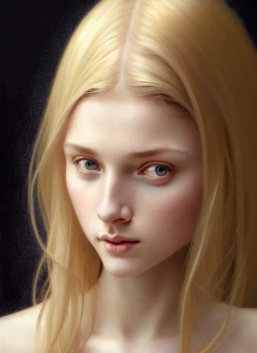 Image similar to beautiful symmetrical face, portrait of young woman blessed with ever - increasing physical and mental perfection, realism, blonde hair, perfect face!! intricate, elegant, highly detailed, vision of holy perfection!! digital painting, artstation, concept art, smooth, sharp focus, illustration, humanity, art by artgerm and greg rutkowski and alphonse mucha