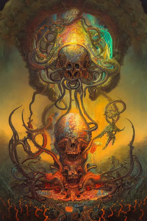 Image similar to gigantic psychedelic demonic cosmic skull of death and hell fire, alien tentacles, fantasy painting, ultra realistic, wide angle, art nouveau, intricate details, rainbowshift, vivid colors, highly detailed by peter mohrbacher, h. r. giger, maxfield parrish, gustave dore, craig mullins, octane render, cgi