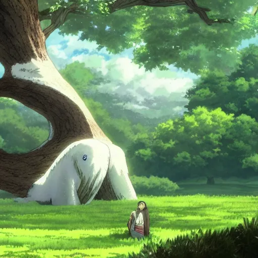 Image similar to big white whale flying near giant tree in the green field, anime, HD,