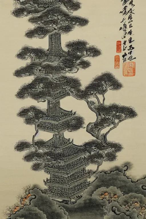 Prompt: a two - floor traditional chinese wood structure tower in a serene landscape, waterlily pond, chinese ink painting