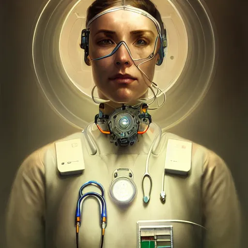 Image similar to portrait of medical paramedic cyborrg,wires,gadgets,cables,lenses,gears intricate, elegant, highly detailed, digital painting, artstation, concept art, smooth, sharp focus, illustration, art by artgerm and greg rutkowski and alphonse mucha