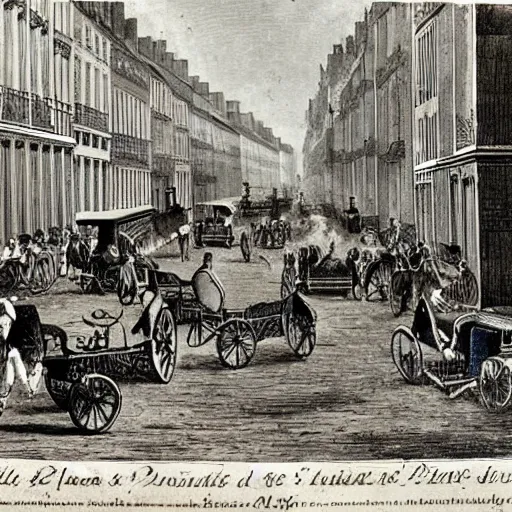 Prompt: une rue de paris vide avec des voitures garees en 1 7 8 9